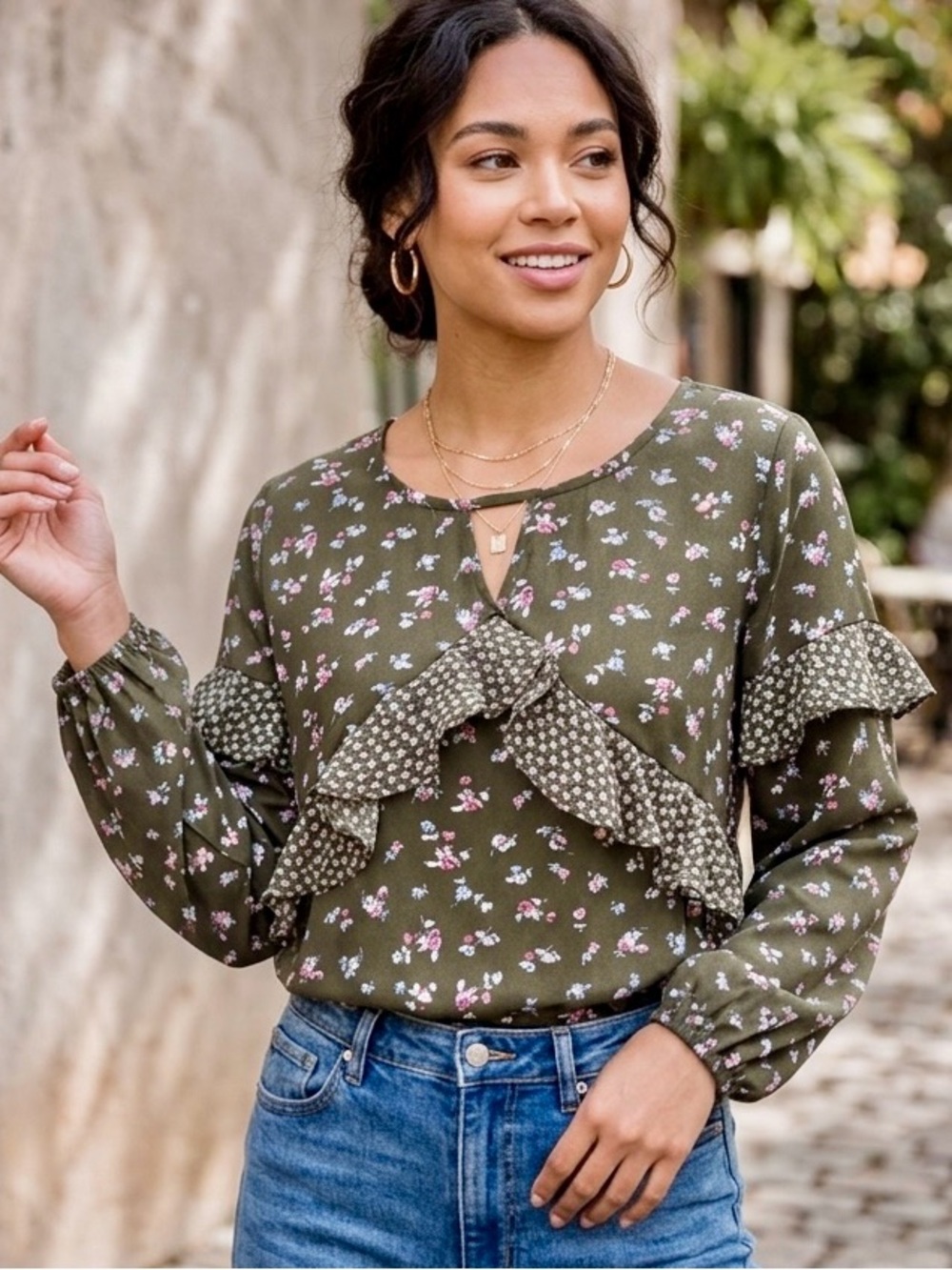 ENTRO Olive Floral blouse with Pink, blue & White Blooms